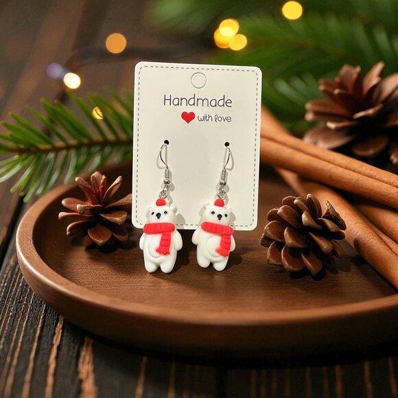 Handmade Polar Bear Earrings | Christmas Earrings | Polymer Clay Holiday Jewelry - Picture 2 of 9